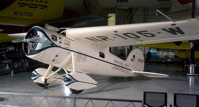 Lockheed Vega 5C Winnie Mae on display at the Steven F. Udvar-Hazy Center near Washington, DC. Post advertised the flight records he set by listing them on the Vega’s fuselage. (Smithsonian)